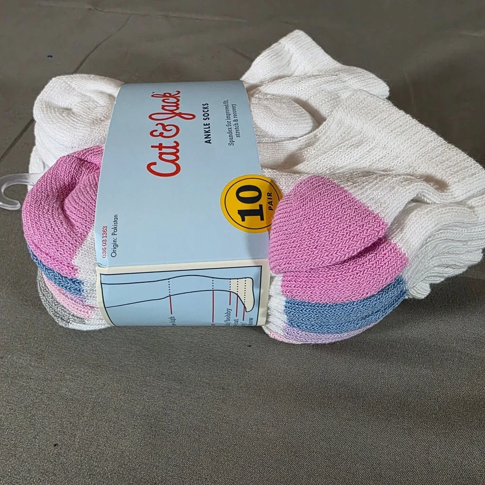 Cat & Jack Girls Ankle Socks 10 Pair Pack White Pink Blue Grey Size S 5.5-8.5